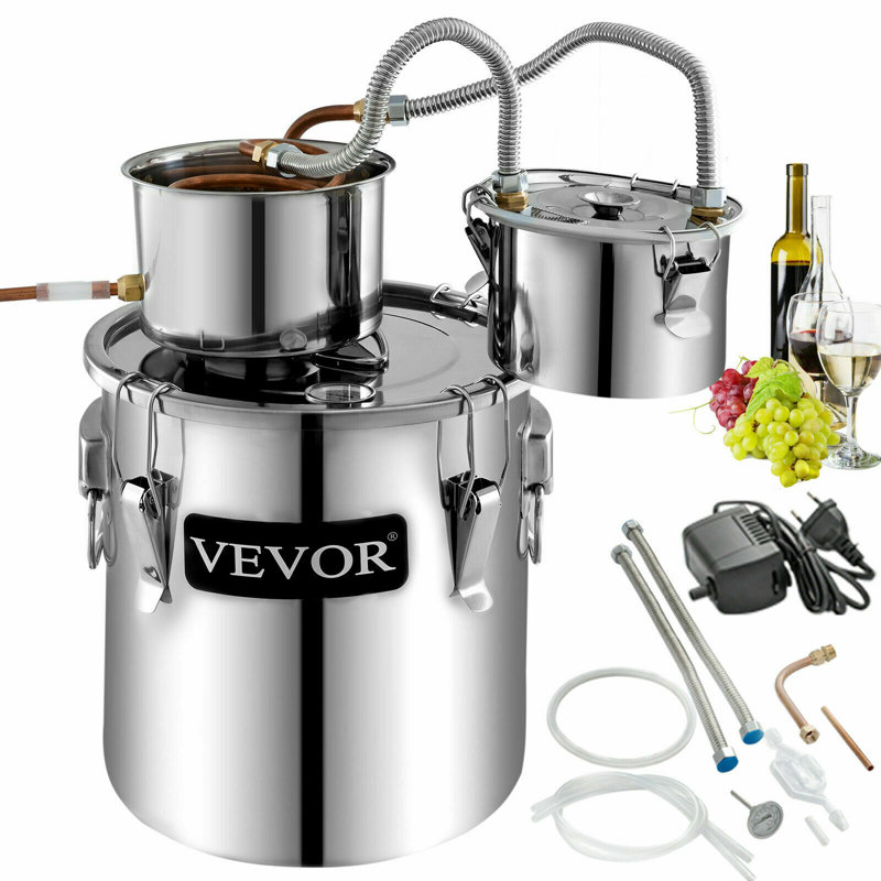 Alambic Moonshine de 12 L (3 gallons) en acier inoxydable avec tube en cuivre, pompe de circulation, kit de brassage maison et thermomètre intégré, conçu pour la fabrication artisanale de whisky, vin et brandy.