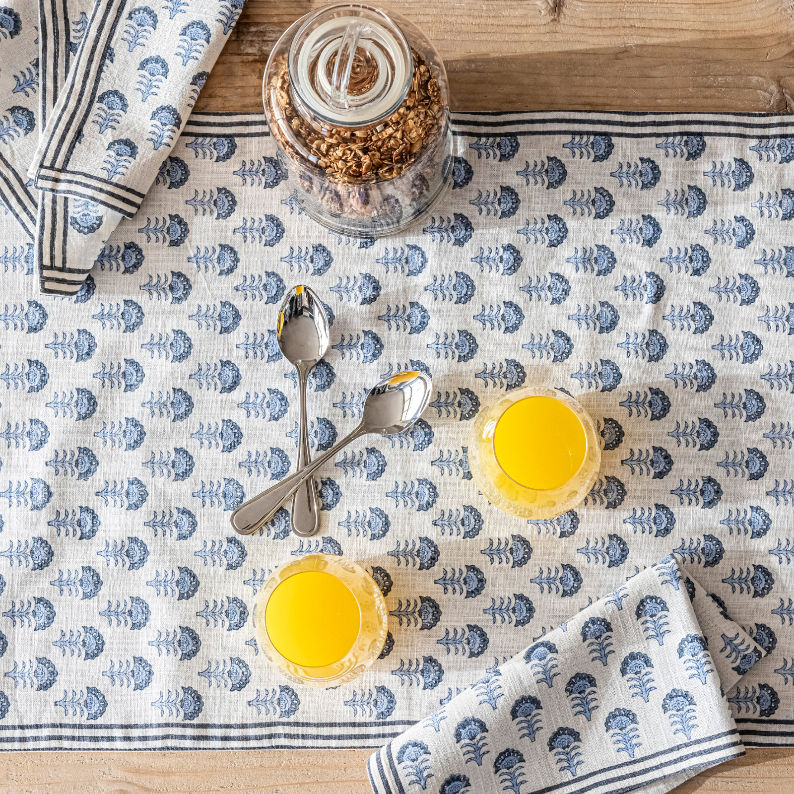 over&back Hand-Blocked 108" Table Runner, 18" W x 108" L, Blue Flower