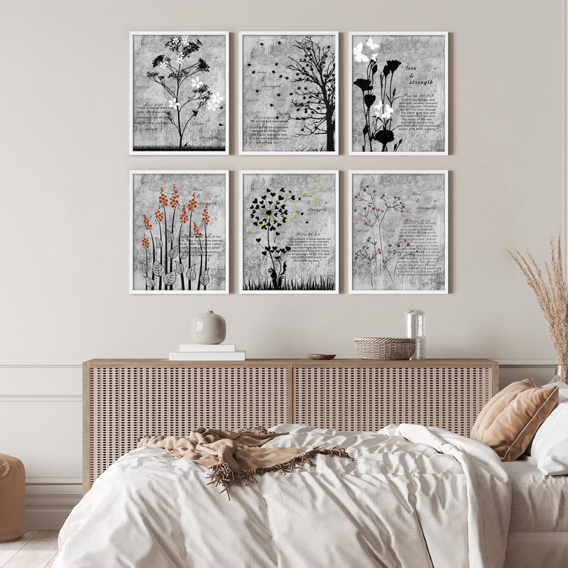 Abstrait, art floral botanique gris rustique, affiche encadrée, art mural, Blanc, H 14 po x l 11 po