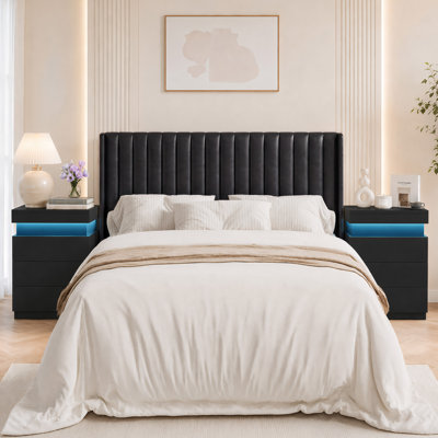 Avelyn 3 Piece Bedroom Set, Upholstered Platform Bed And 2 LED Lightnightstand With Charging Station