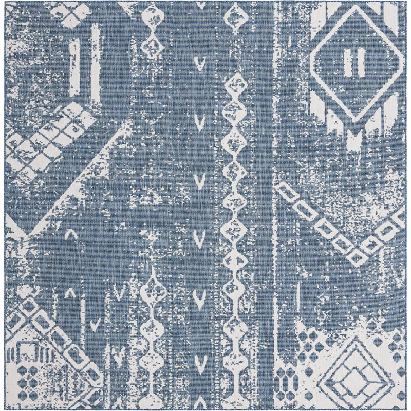 Bonnetta Geometric Machine Woven Polypropylene Indoor / Outdoor Area Rug in Blue/Ivory, Square 10'8"