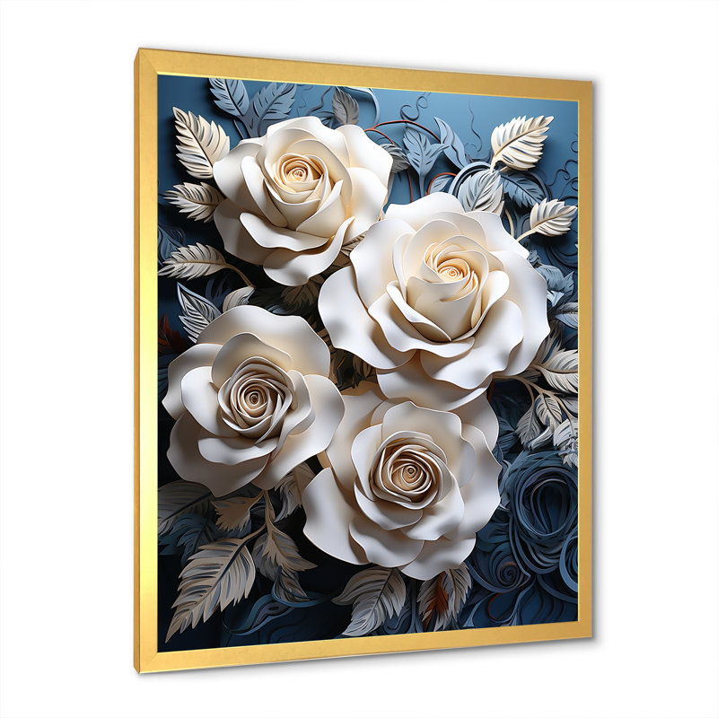 «Blue and White Roses Moonlight Grace II», reproduction d'art sur toile, Cadre doré simple, H 32 po x l 16 po x P 1 po
