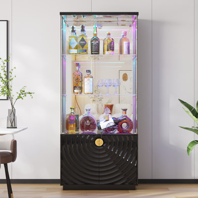 71" Tall Glass Bar Cabinet with RGB LED lighting and motion sensors, Lockable 3-Tier Wine Display Storage Cabinet