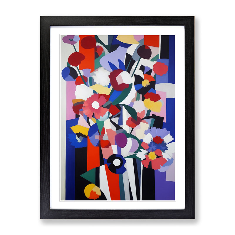 Colourful Flowers Bauhaus - Single Picture Frame Print, 64cm H x 46cm W, Black Framed