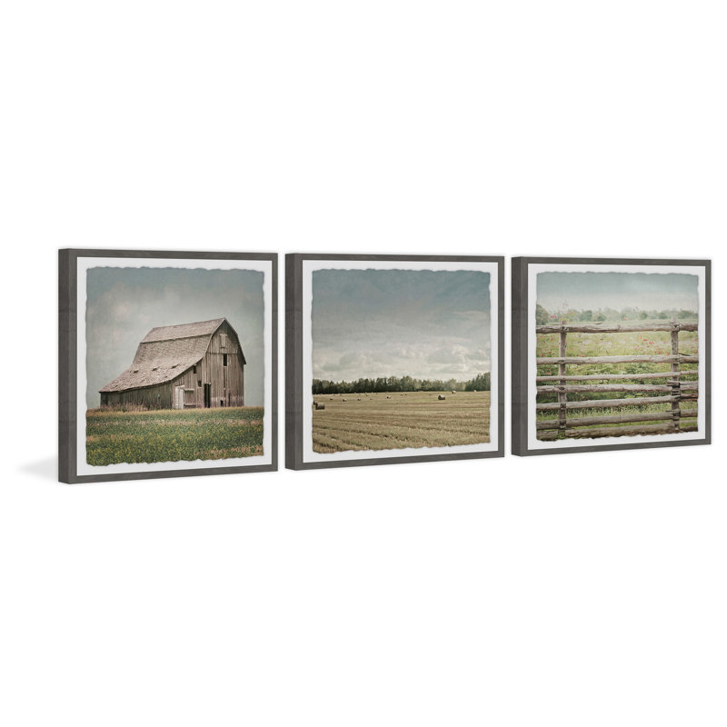 « grange field triptyque », ensemble de 3 reproductions de photos encadrées, H 18 po x l 18 po x L 1,5 po