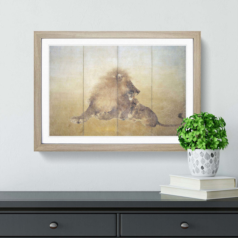 Lion by Takeuchi Seiho - Picture Frame Painting Print, 36cm H x 48cm W x 2cm D, Oak Framed