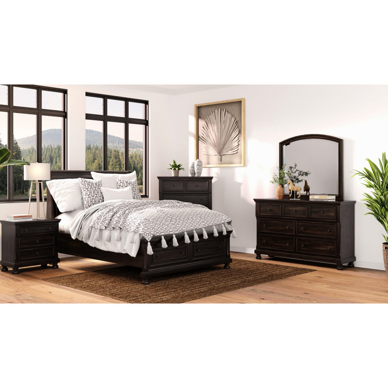 Lit double avec rangement en cerisier foncé, lit en bois massif et de style stable avec rangement, conception transitionnelle, base ferme