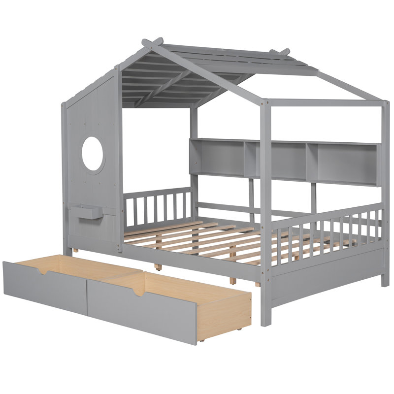 Gris, lit double, lit, forme de maison en bois, 2 tiroirs, tablette de rangement pour autocollants, tablette en pin, conception de toit, jeu, confort, construction