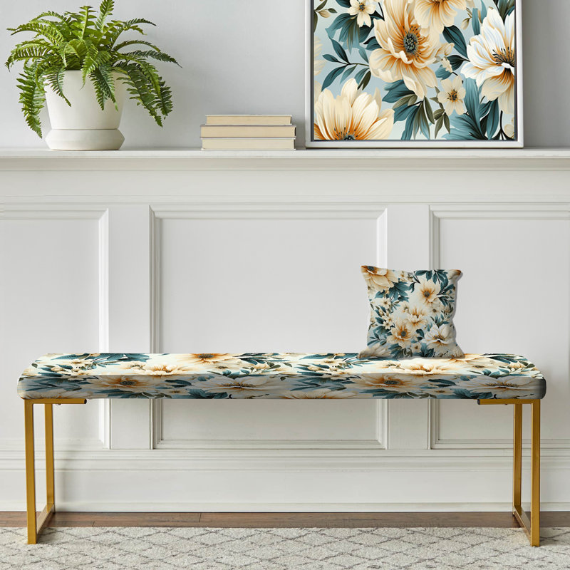 Upholstered Bench, Sandy Beige And Blue Hydrangea Tranquility IV