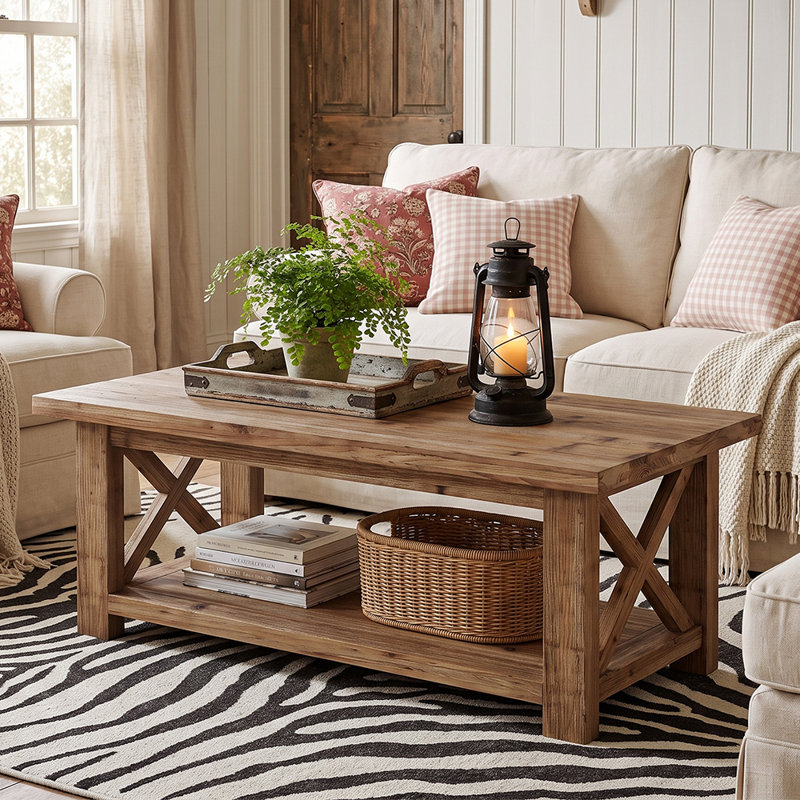 Table basse rectangulaire en bois massif de 47,24 po avec tablette à 2 niveaux pour le salon