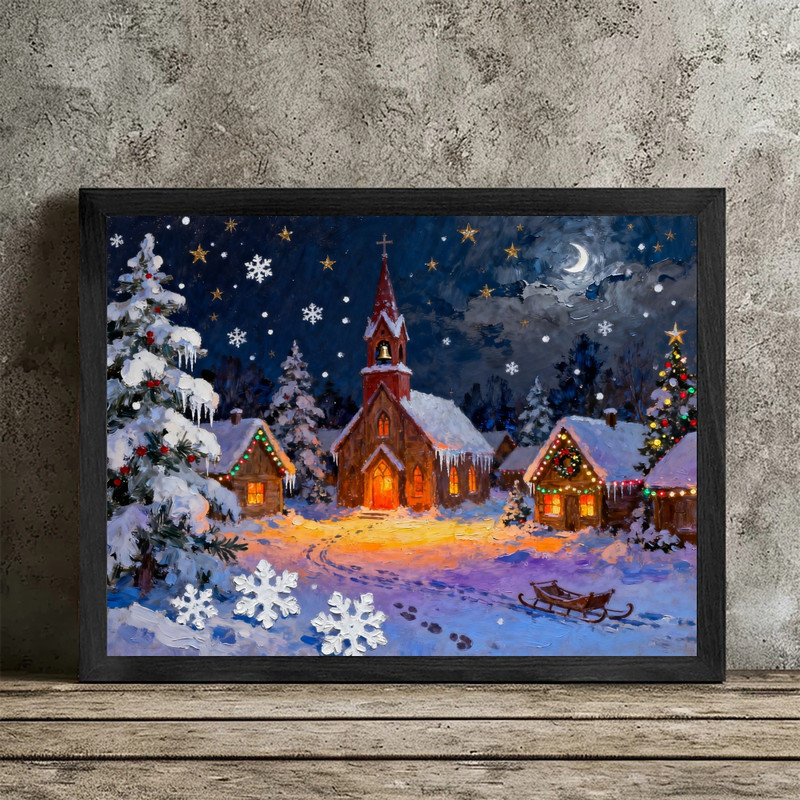 Impression sur toile encadrée noire, village de Noël impressionniste, nuit d'hiver enneigée, H 37 po x l 25 po