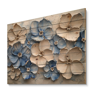 Velours crème bleu Rhododendron I - décoration murale en bois de rhododendron - sur bois de pin naturel