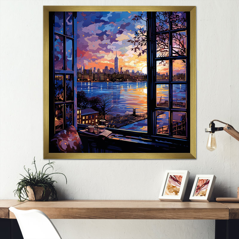«Blue Nyc At Night Window View I - New York City», art mural, Cadre doré simple, H 36 po x l 36 po x P 1,5 po