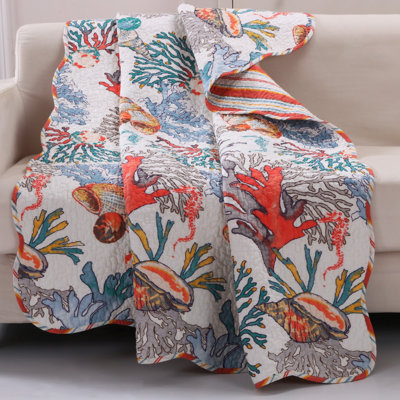 Benjara Wade Quilted Throw Blanket with Fill, Corals and Seashells Design