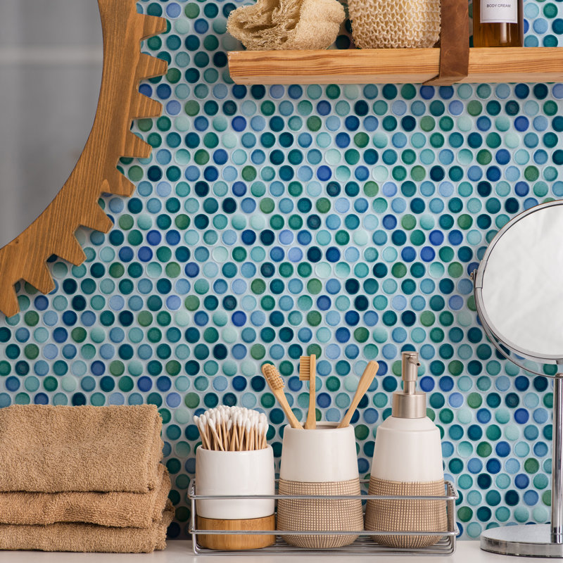 Hudson Penny Round Aquamarine 11-7/8" x 12-5/8" Porcelain Mosaic Tile