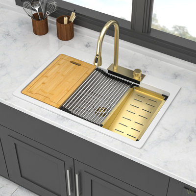 Évier de cuisine à montage sur plan à montage sur plan - évier de cuisine à cuve simple en granite composite à quartz 33 po x 22 po avec robinet coulissant