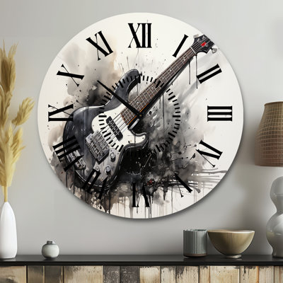 Brown Charcoal Guitar Vibrations II - Music Black Face Wall Clock