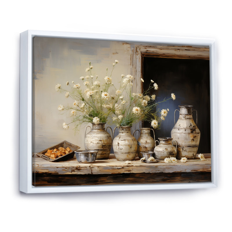 Flower Herbs Farmhouse Still Life, H 16 po x l 32 po x P 1 po, Cadre flottant blanc