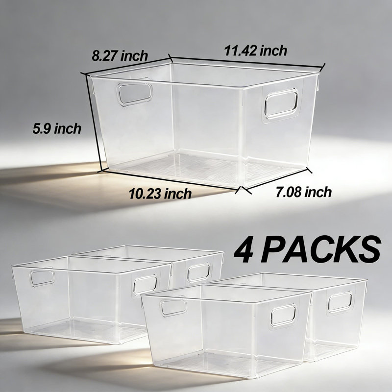 Bacs de rangement en plastique transparent avec poignées intégrées, grand paquet de 4 boîtes de rangement pour l'organisation de garde-manger