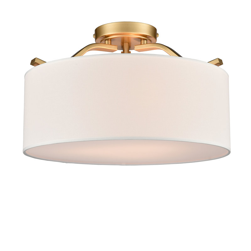 3-light Flush Mount Ceiling Light Metal Light Fixture With Drum Linen Shade, Gold