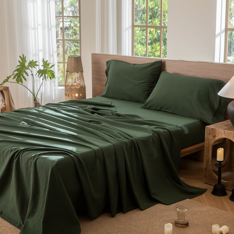 Drap plat 100% coton lavé MooMee, Drap plat grand, Vert forêt