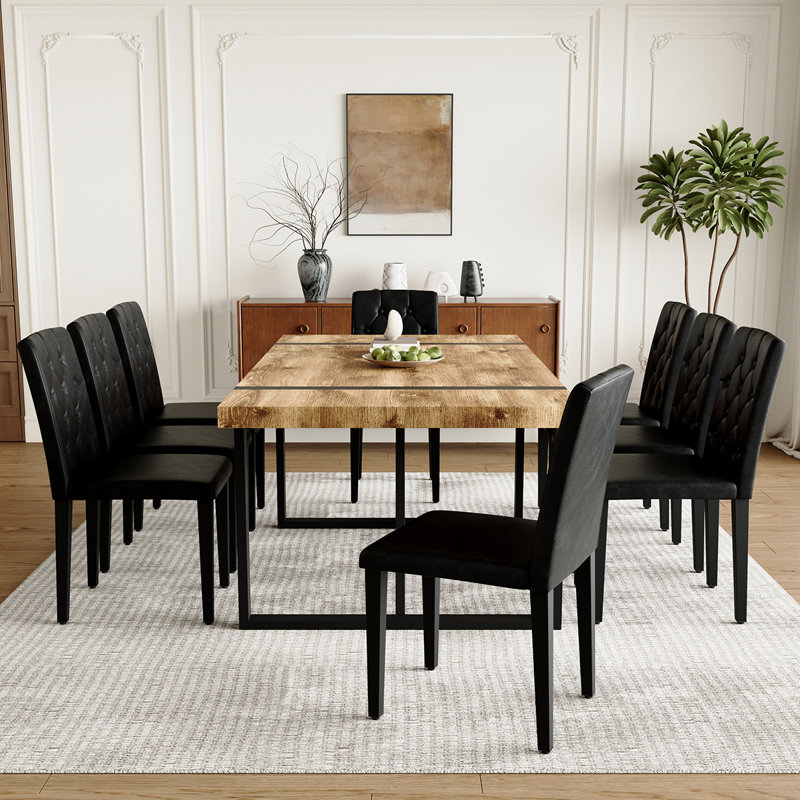 Modern Rectangular Dining Table Set For 8| 71″ Wood & Metal Table With Chairs, Black, Dark Wood, 9 Pieces: Table, 8 Chairs