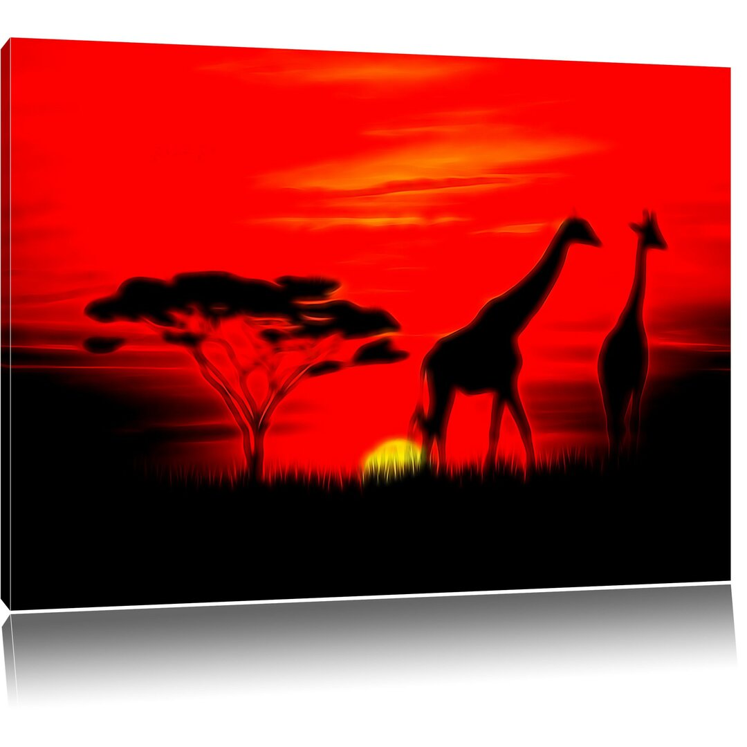 Leinwandbild Giraffen im Sonnenuntergang in Rot/Schwarz