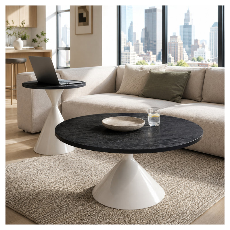 Ensemble de 2 tables basses rondes avec dessus en noyer et bases en forme de sablier blanc, 17.13" H x 29.53" W x 29.53" D