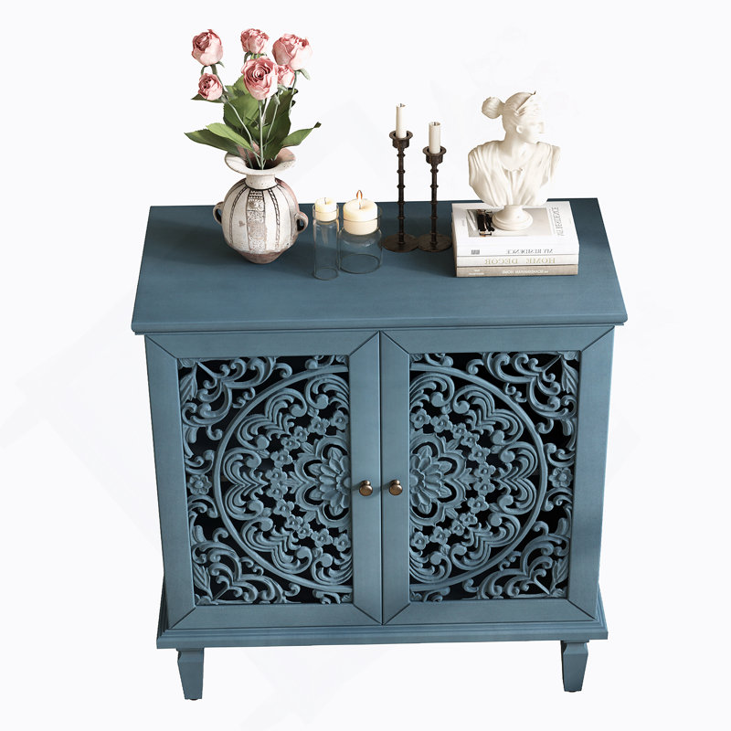 Accent Cabinet, 2-Door Display Storage Cabinet, Sideboard With Adjustable Shelf And Solid Wood Legs, Blue