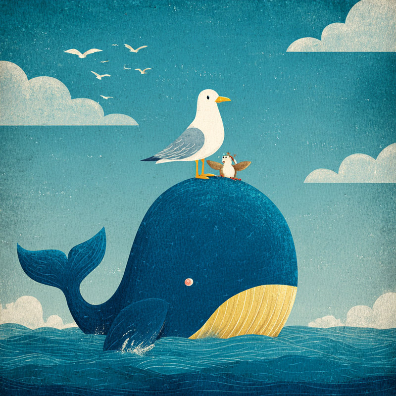 «Seaside Friends Whale and Gulls», art mural sur toile tendue