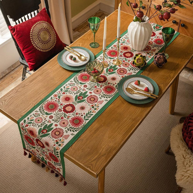 Retro-Luxury Floral Table Runner, Tablecloth with Tassels for Kitchen Dining Table 35 x 180 cm