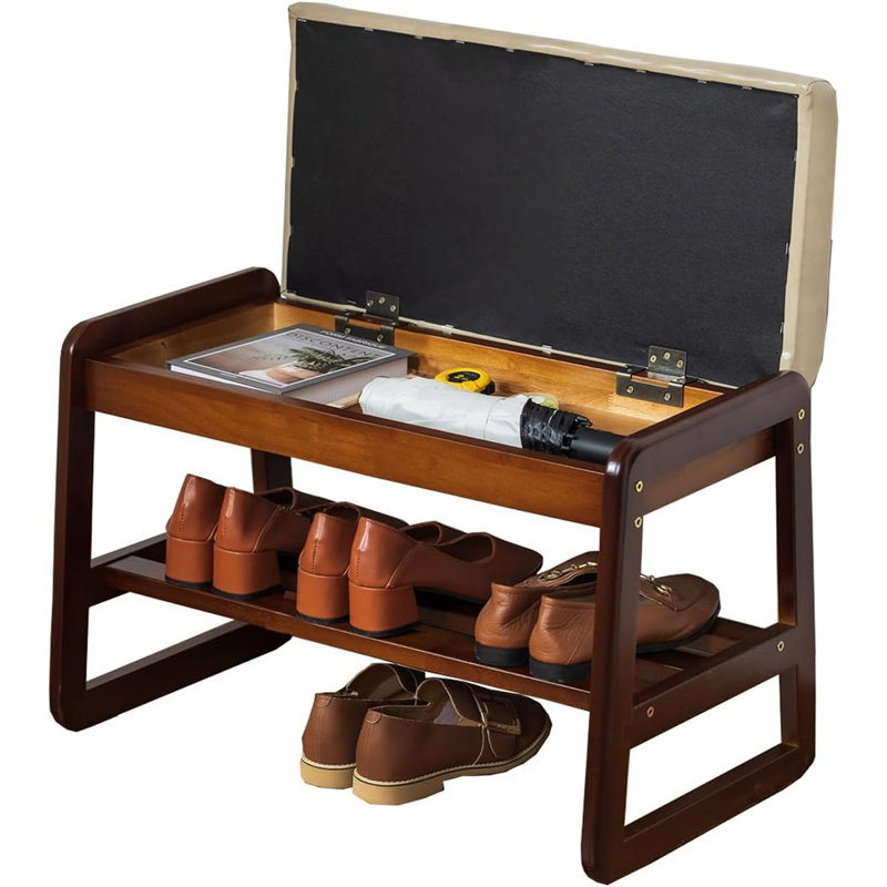 Banc en bois massif, banc à chaussures d'entrée avec coussin, compartiment de rangement rabattable, range-chaussures à 2 niveaux (beige, L 21,65 po)