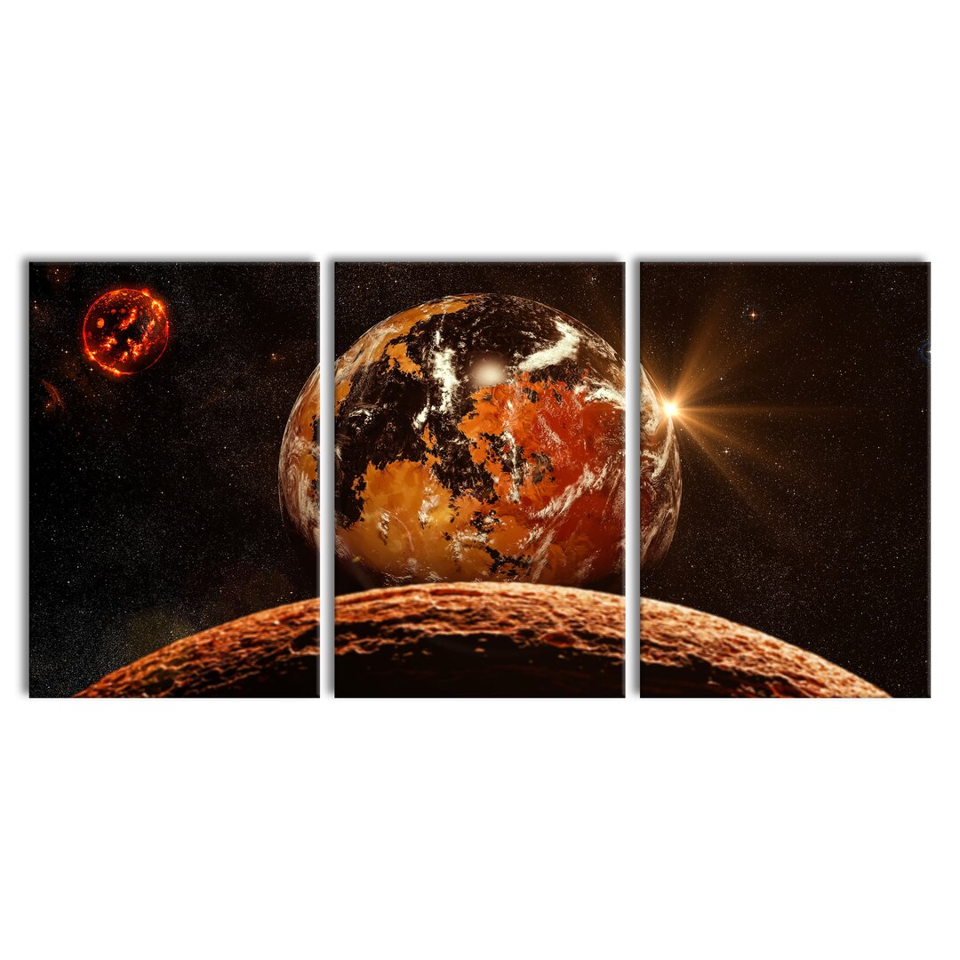 3-tlg. Leinwandbilder-Set Rote Planeten in der Galaxie in Orange