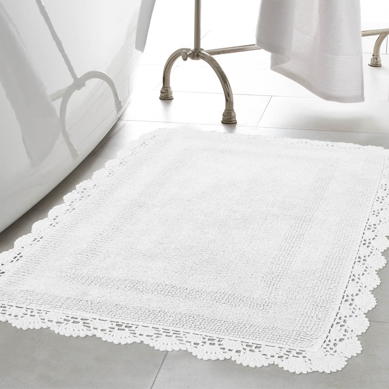Laura Ashley Crochet Machine Washable Cotton Bath Rug, White, 34" L x 21" W