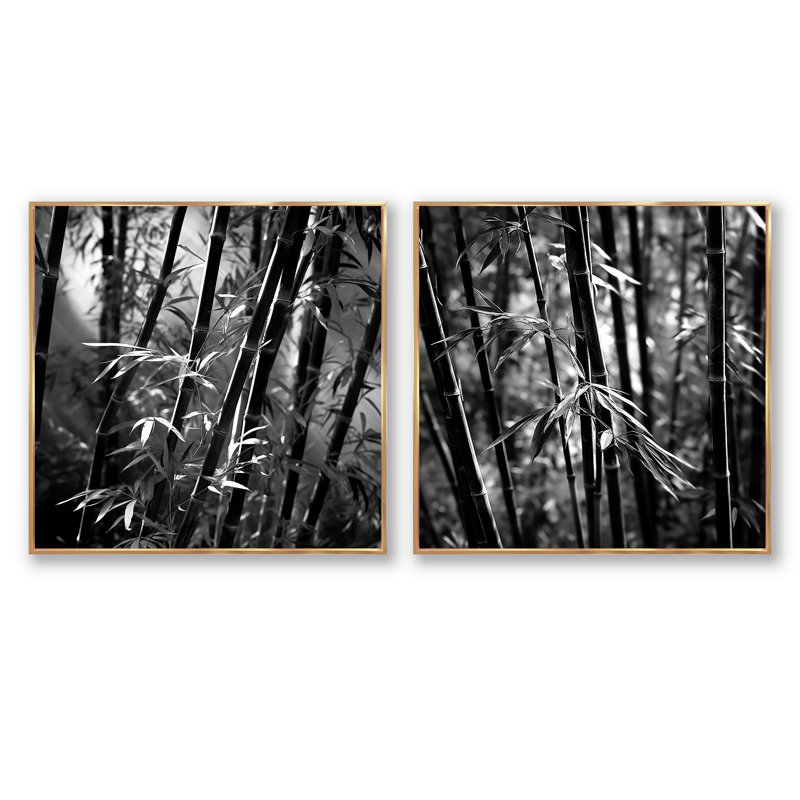 Forêt de bambou monochrome - ensemble de 2 collages carrés en bambou, Cadre flottant noir, H 16 po x l 33 po