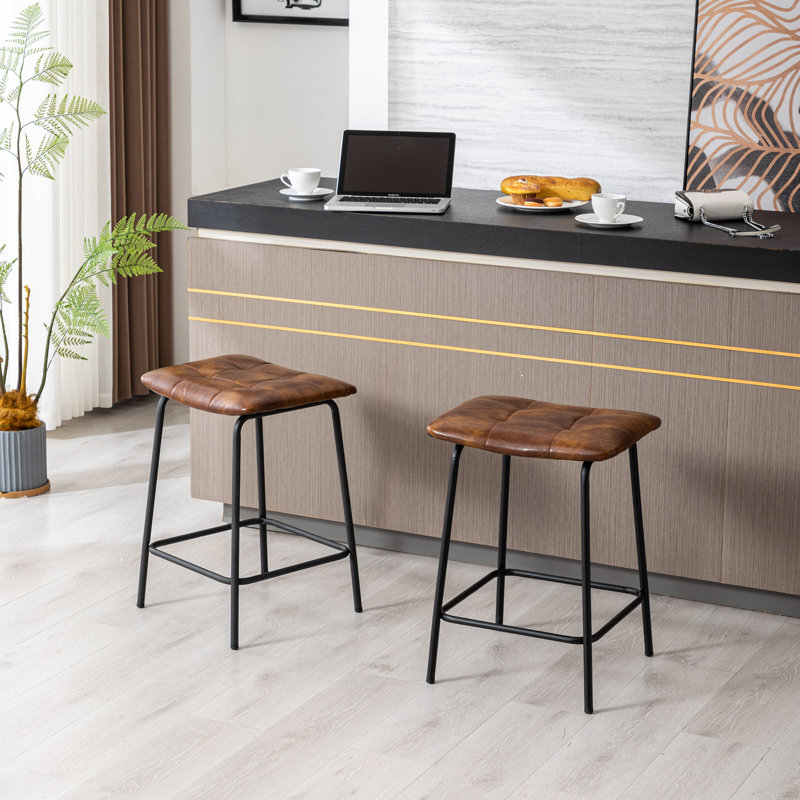 Reza 24" High Leather Tufted Bar Stool, Dark Brown
