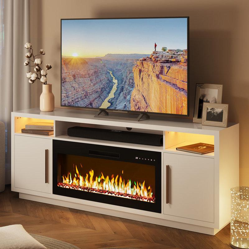 Avishai 70" Fireplace TV Stand for TVs Up to 80", LED Light Entertainment Center with 36" Electric Fireplace Heater, White