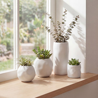 Linden Modern Minimalist Handmade Concrete Organic Sculptural Cylinder and Round Vase Set with Drainage Holes (Set of 4)