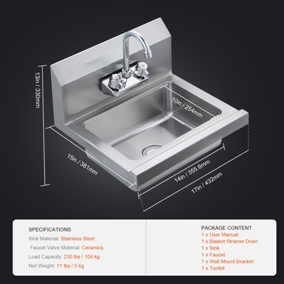 Commercial Hand Sink with Faucet, Stainless Steel Sink for Washing, Small Hand Washing Sink, Wall Mount Hand Basin, Utility Sink for Restaurant, Kitchen, Bar, Garage and Home, 17 x 12.8 inch
