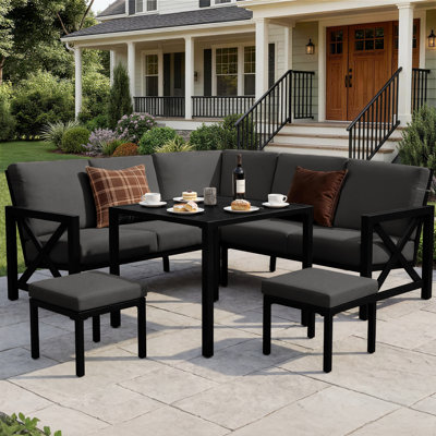 8 Pieces Outdoor L-Shaped Furniture Sets With Dinng Table,2 Ottomans,Large Waterproof Cover, 6.5" Olefin Dark Grey Cushions