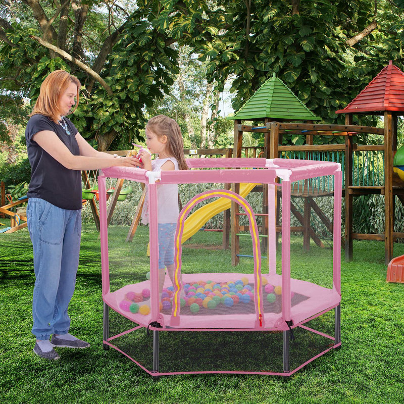 Trampoline pour tout-petits avec filet de sécurité et balles, mini trampoline intérieur / extérieur pour enfants, Rose