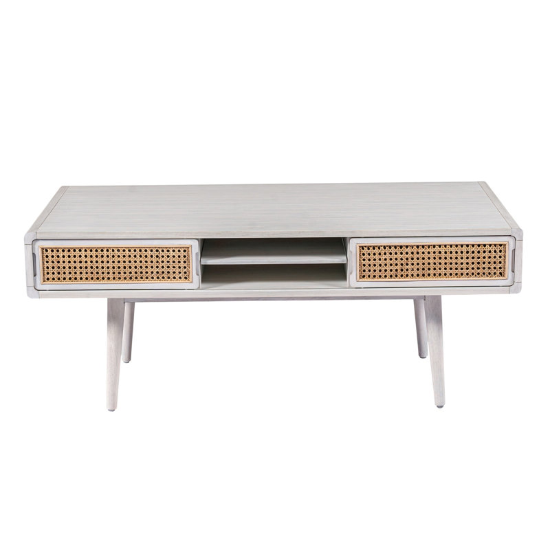 Table basse Camy, portes tressées brun, tablette ouverte, blanc 48 po