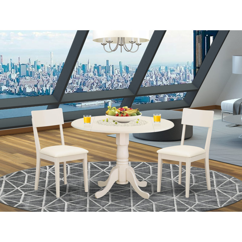 3 Piece Dining Room Furniture Set Contains a Round Dining Table with Dropleaf and 2 Faux Leather Chairs, Linen White
