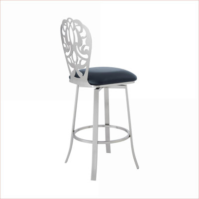 Cherie Contemporary 30" Bar Height Dining Chair Bar Stool for Adults, Slate Gray Faux Leather, Brushed Silver Steel Finish, 360 Swivel