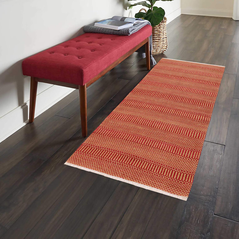 Tapis rouge / beige en laine tissé à la main à motif géométrique 3 pi 5 po x 7 pi Peltier