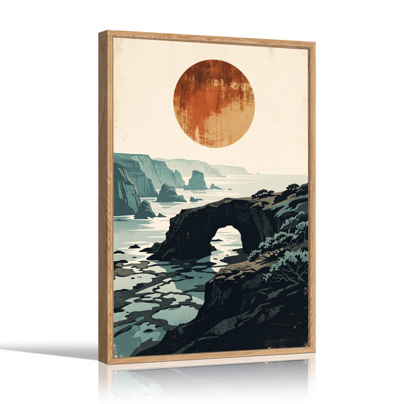 Vintage Coastal Rock Arch and Large Rusty Orange Sun Canvas Wall Art, 48"H x 32"W