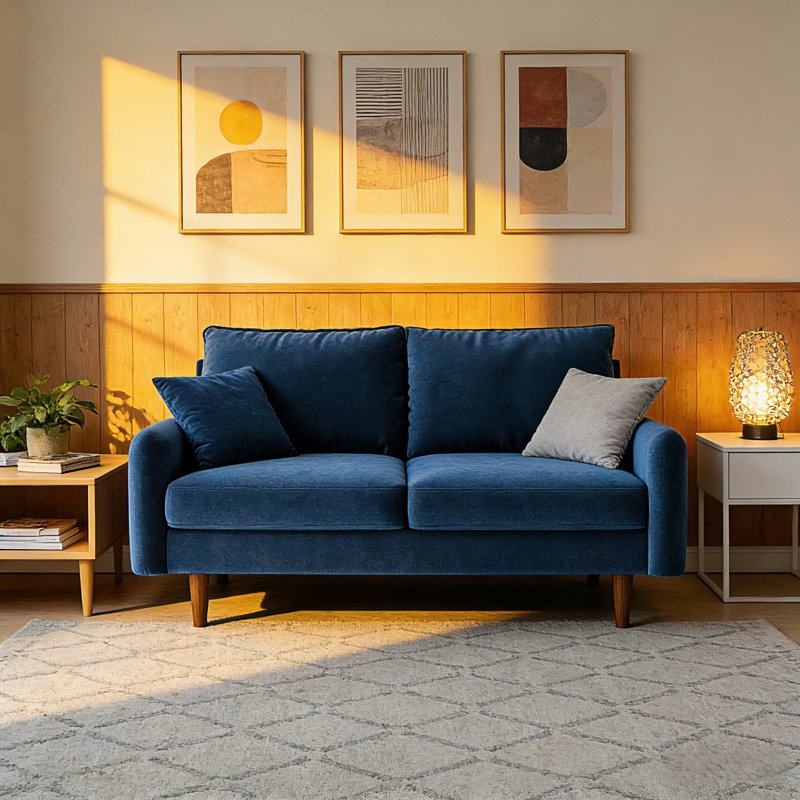 56.3" Velvet Spring-Padded Loveseat Comfort Sofas, Space Blue
