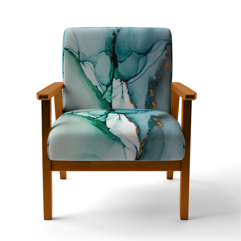 Giliane - Turquoise And Green Marble Waves - Velvet Upholstered Abstract Accent Arm Chair, Brown Square Arms