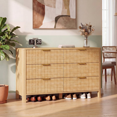 Commode 6 tiroirs cannelée de 47,2 po avec design incurvé, commode moderne pour chambre à coucher