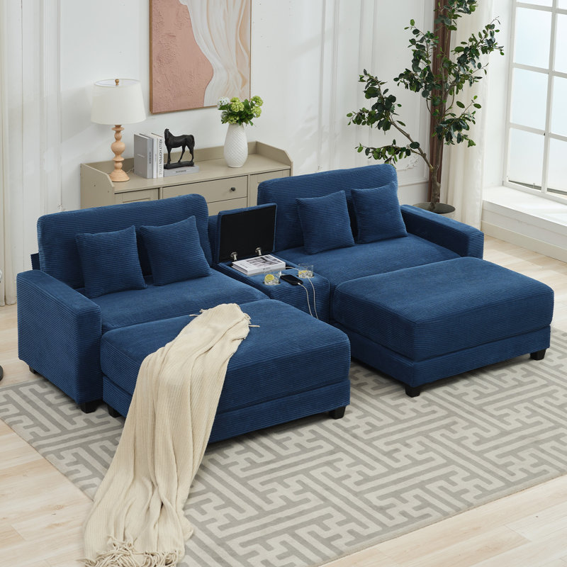 Canapé modulaire en velours côtelé 4 pièces Cottie, Velours côtelé bleu marine